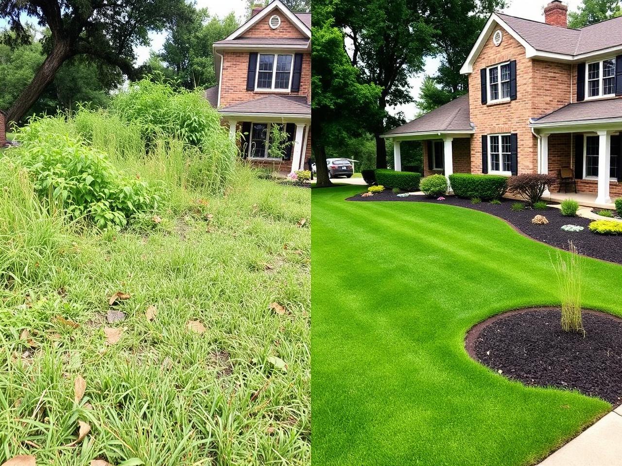 Before and after of a patchy neglected yard restored to a lush thick green lawn