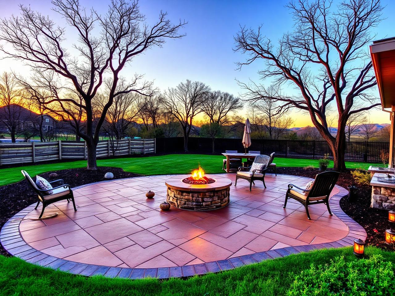 Stamped concrete backyard patio with built-in fire pit and seating area