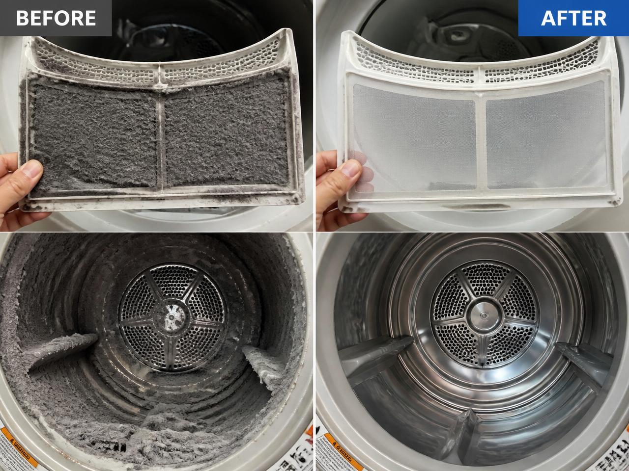 Before and after of a dryer lint trap and drum cleared of compacted lint buildup