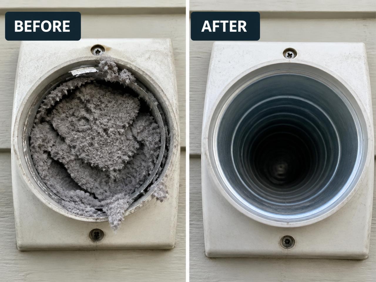 Before and after of an exterior dryer vent cleaned of heavy lint buildup