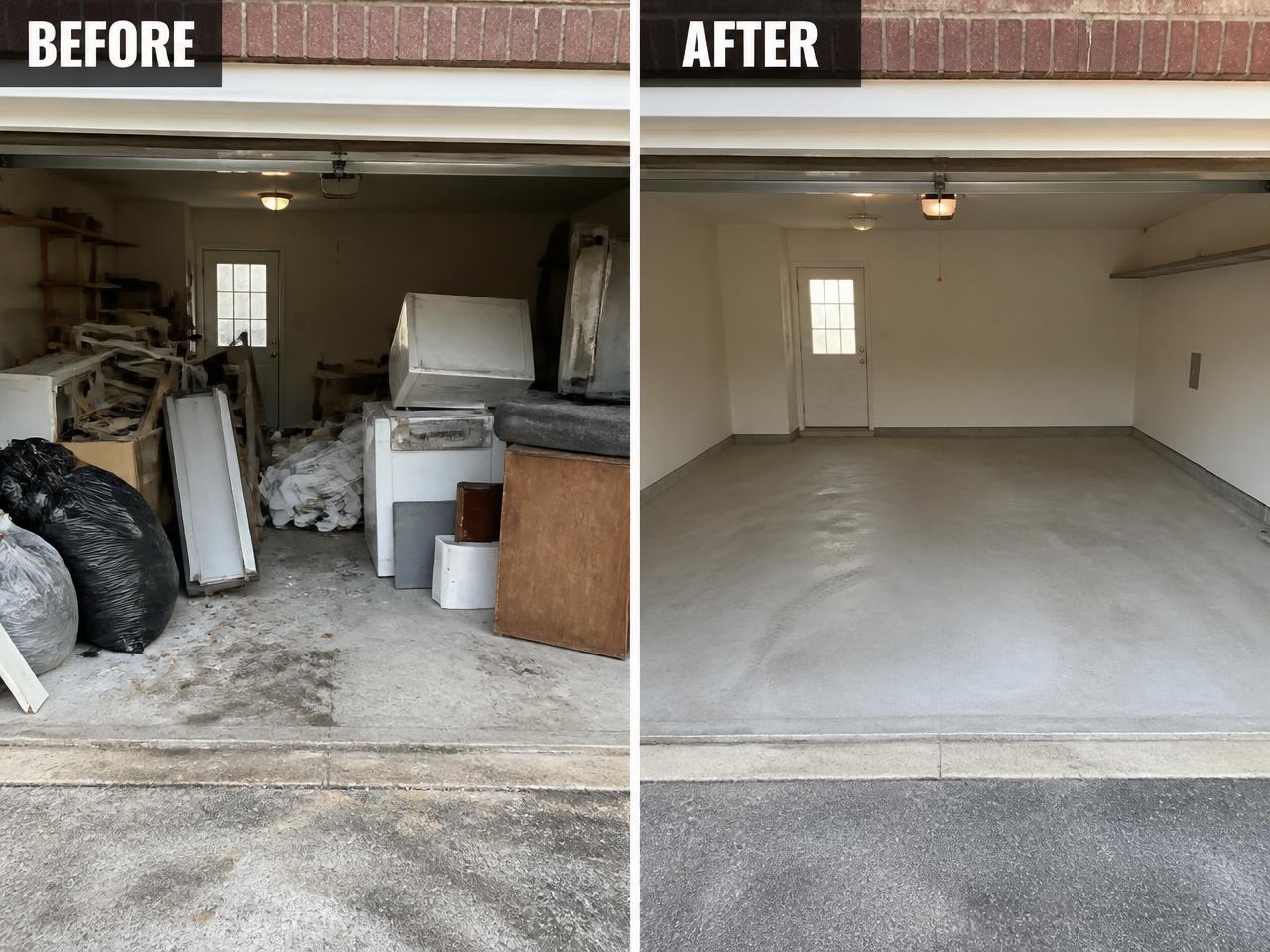 Before and after of a cluttered garage cleared out by AllCare junk removal crew