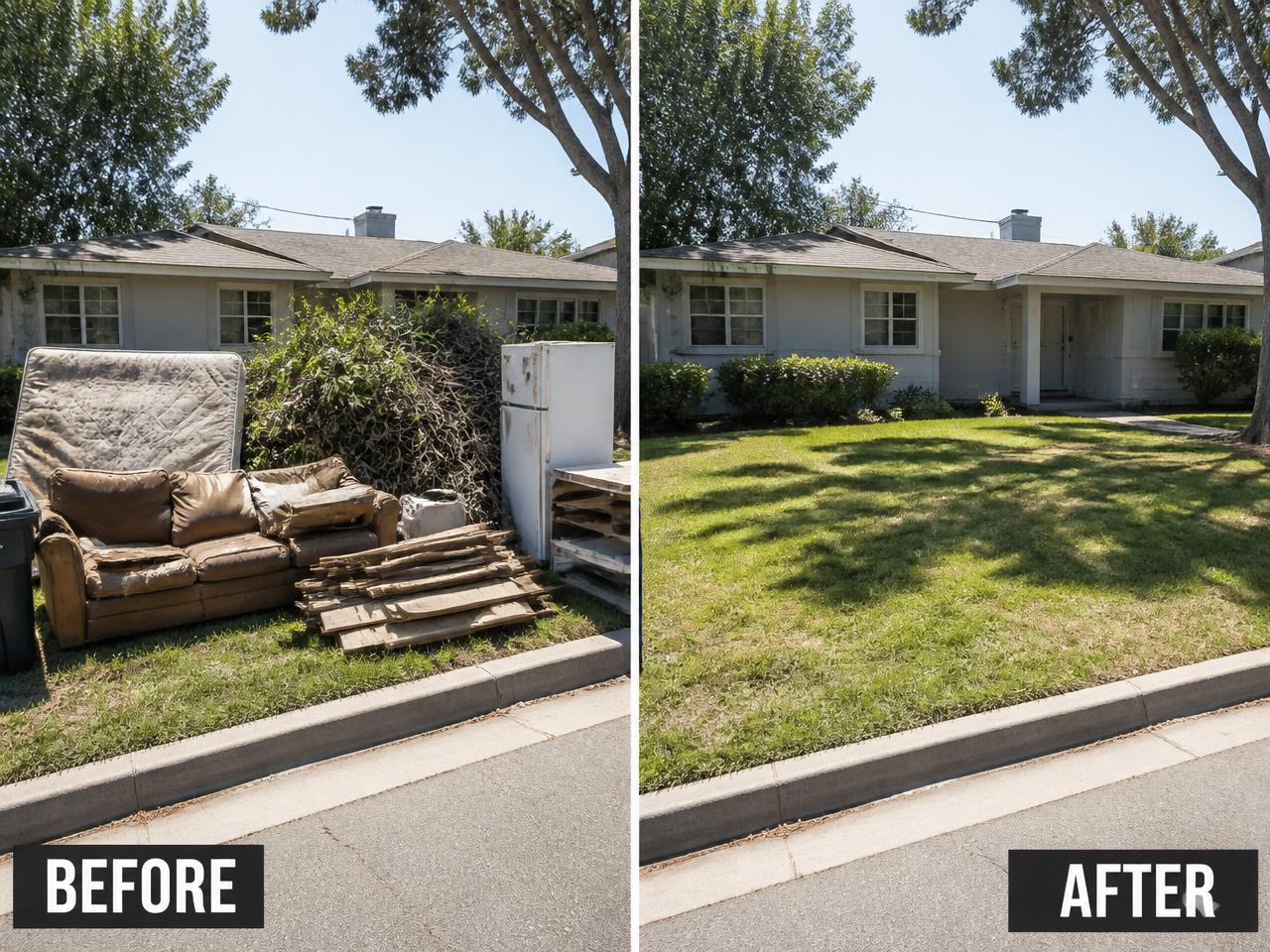Before and after of curbside furniture and debris hauled away from an Austin home