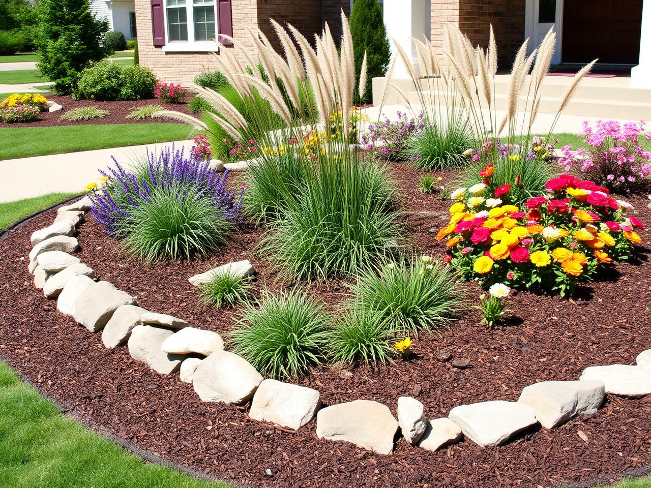 Newly designed front yard flower bed with layered plants and fresh mulch