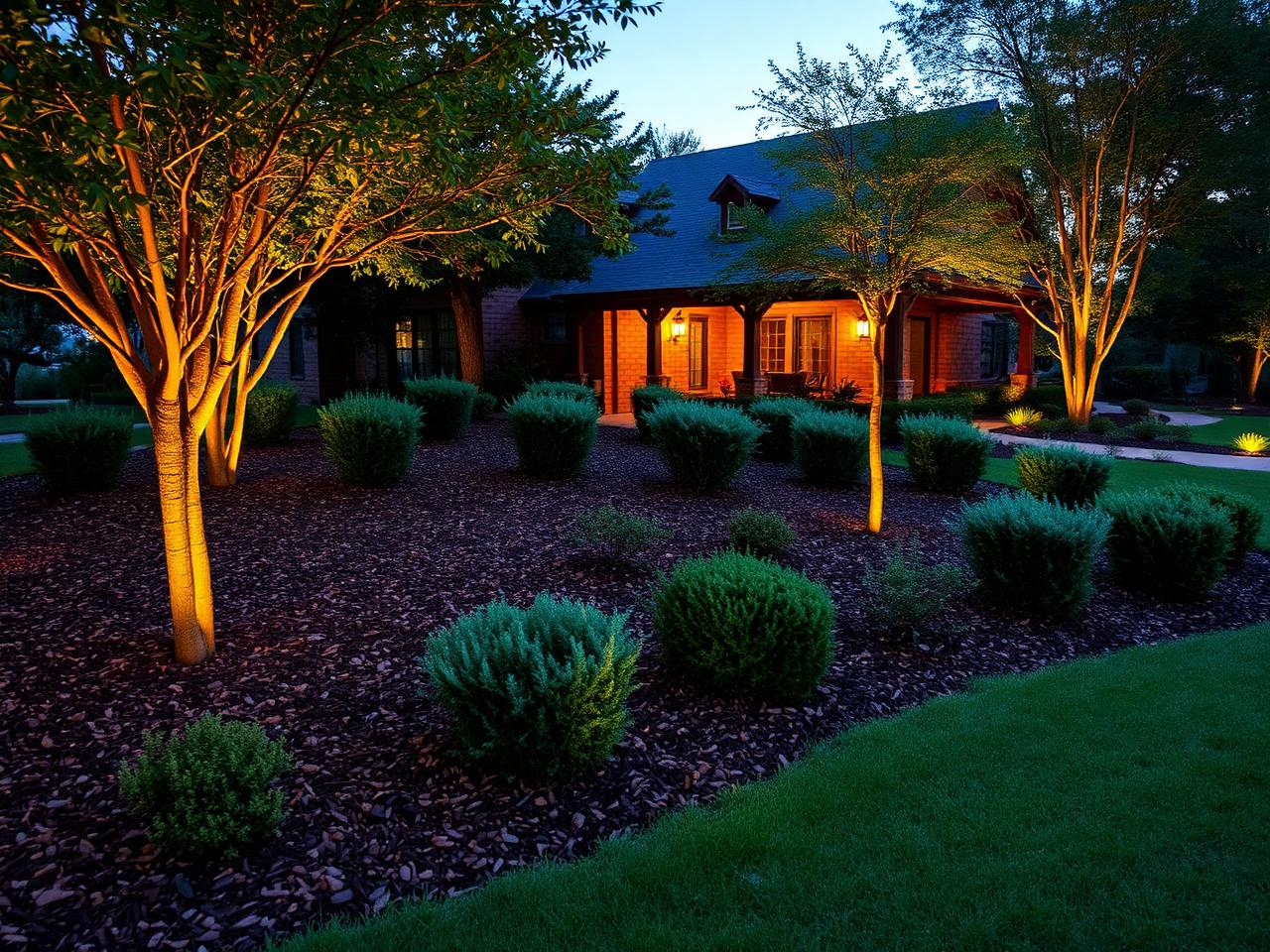 Refreshed mulch beds and warm landscape lighting illuminating a home's front yard at dusk