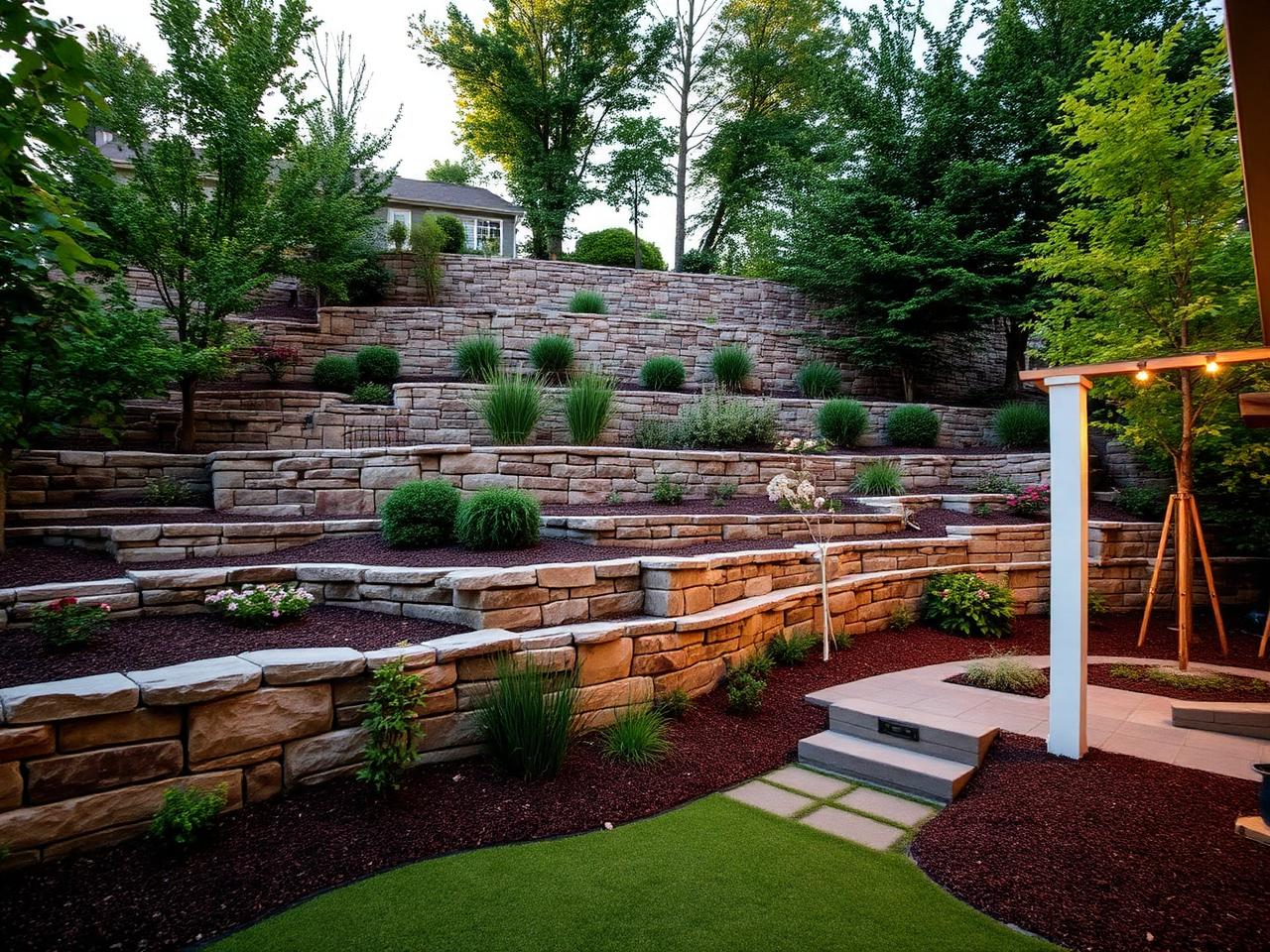 Tiered stone retaining wall holding a hillside garden bed in place