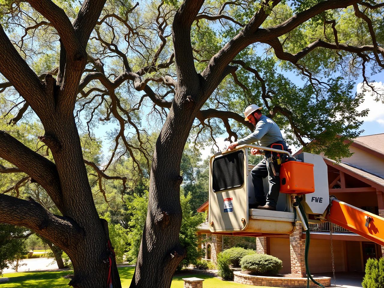 Mature oak tree with newly trimmed canopy and cleared deadwood overhanging a yard