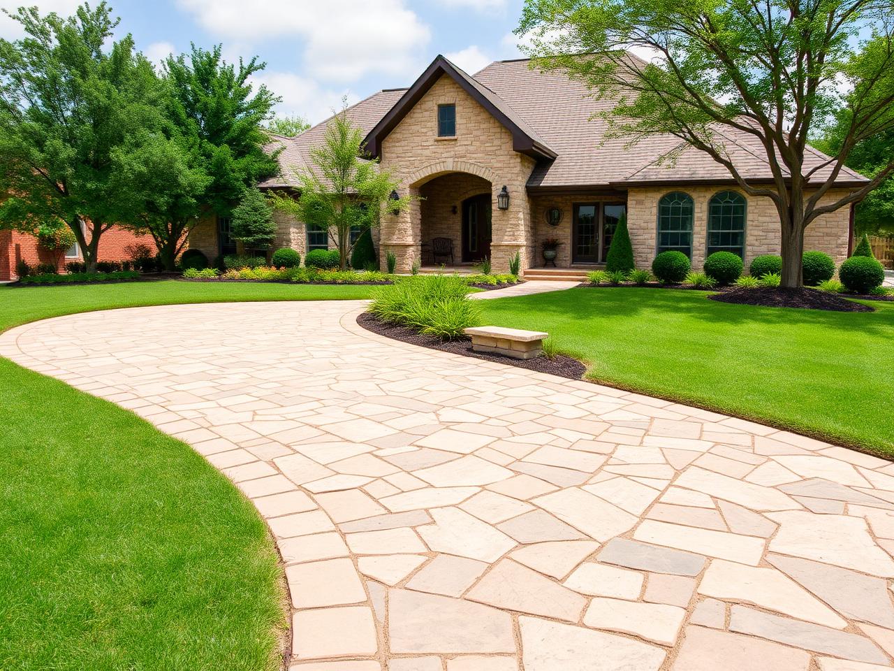 Curved natural stone walkway through a landscaped front yard leading to the entry