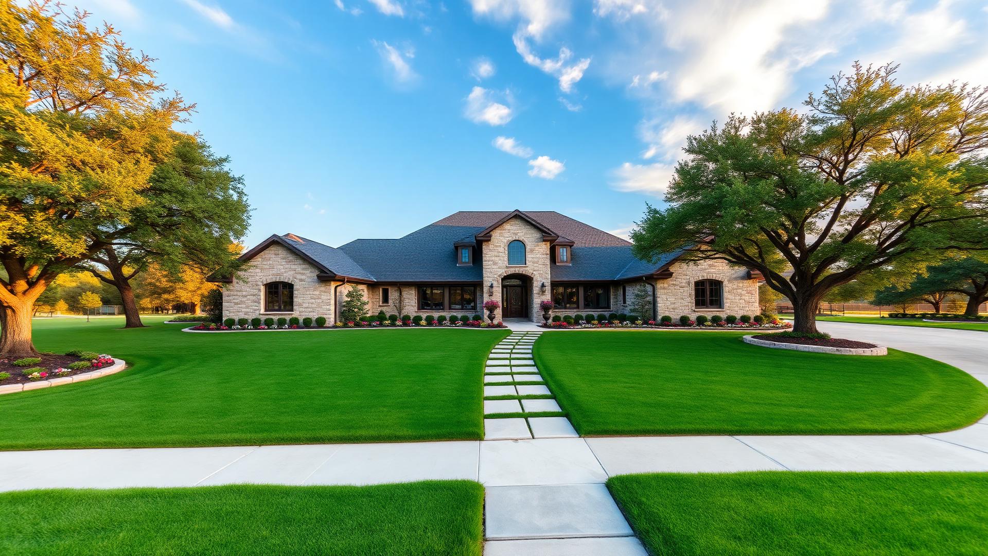 Aerial view of a maintained Hill Country estate with manicured lawn and shaded landscaping
